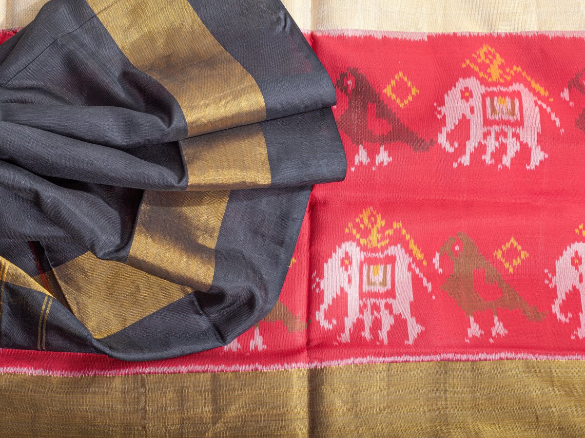 GAJA - HALF WHITE WITH RED ELEPHANT PRINT POCHAMPALLI SAREE